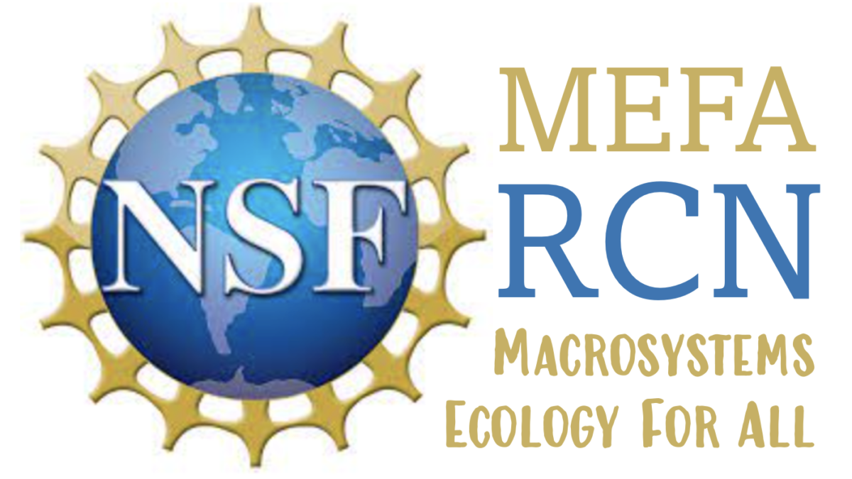 This image is a logo for the MEFA RCN containing multiple components: the official NSF logo with the letters "NSF", as well as the acronym "MEFA RCN", and the full title for MEFA: "Macrosystems Ecology for All"