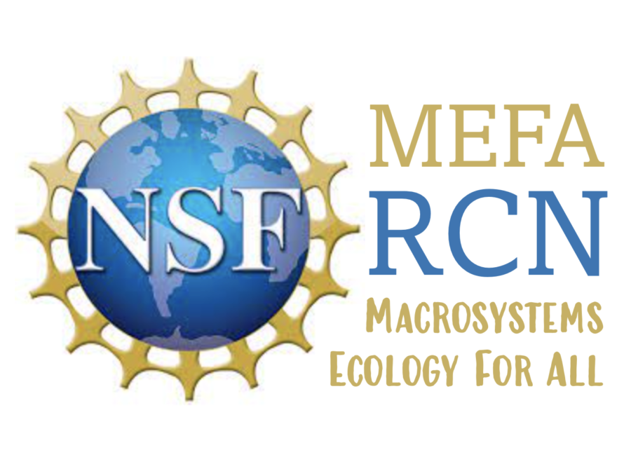 This image is a logo for the MEFA RCN containing multiple components: the official NSF logo with the letters "NSF", as well as the acronym "MEFA RCN", and the full title for MEFA: "Macrosystems Ecology for All"