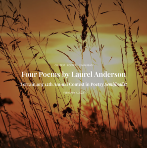 screen capture of the banner photo and title of a webpage with 4 poems by Laurel Anderson; the background image is a sunset with vegetation in foreground