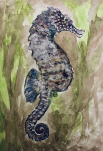watercolor painting of a Northern lined seahorse with a backdrop of underwater vegetation